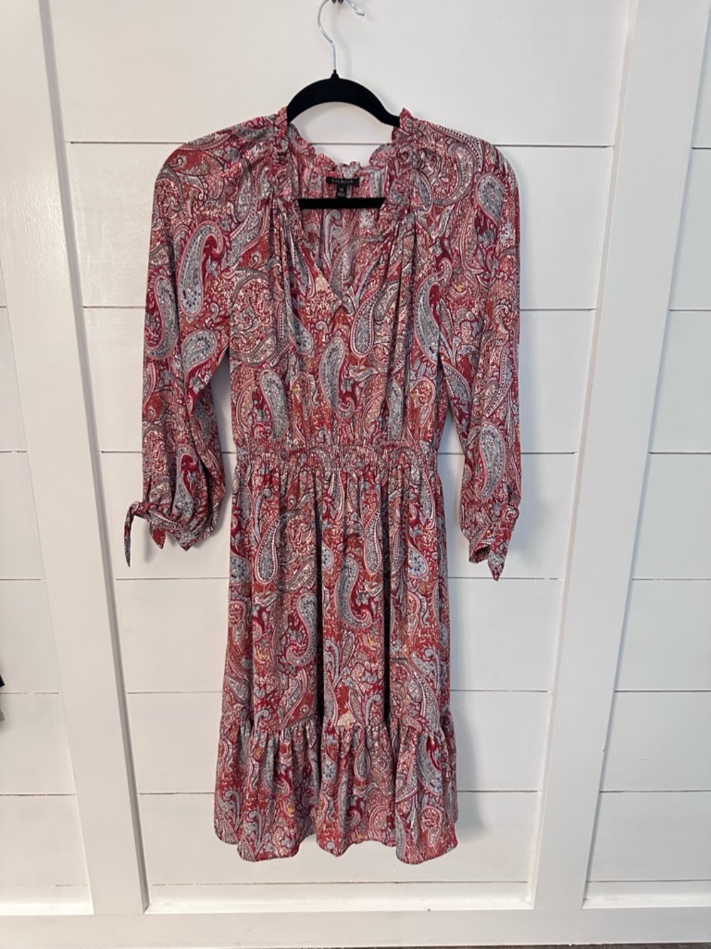 Talbots XS sprinkle paisley split ruffle detail tie arm neck soft midi dress - Picture 4 of 16